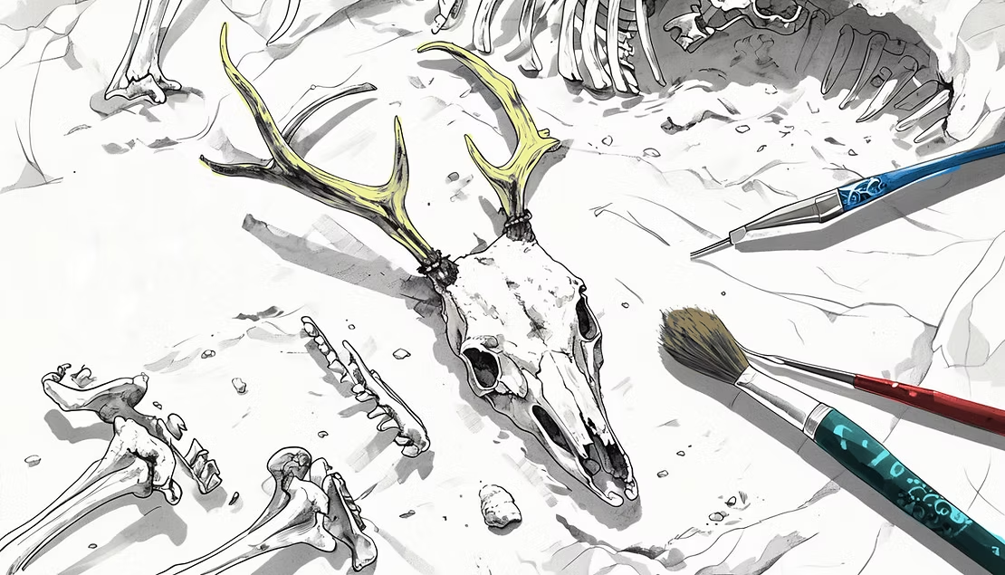 Illustration of a deer skull at an excavation