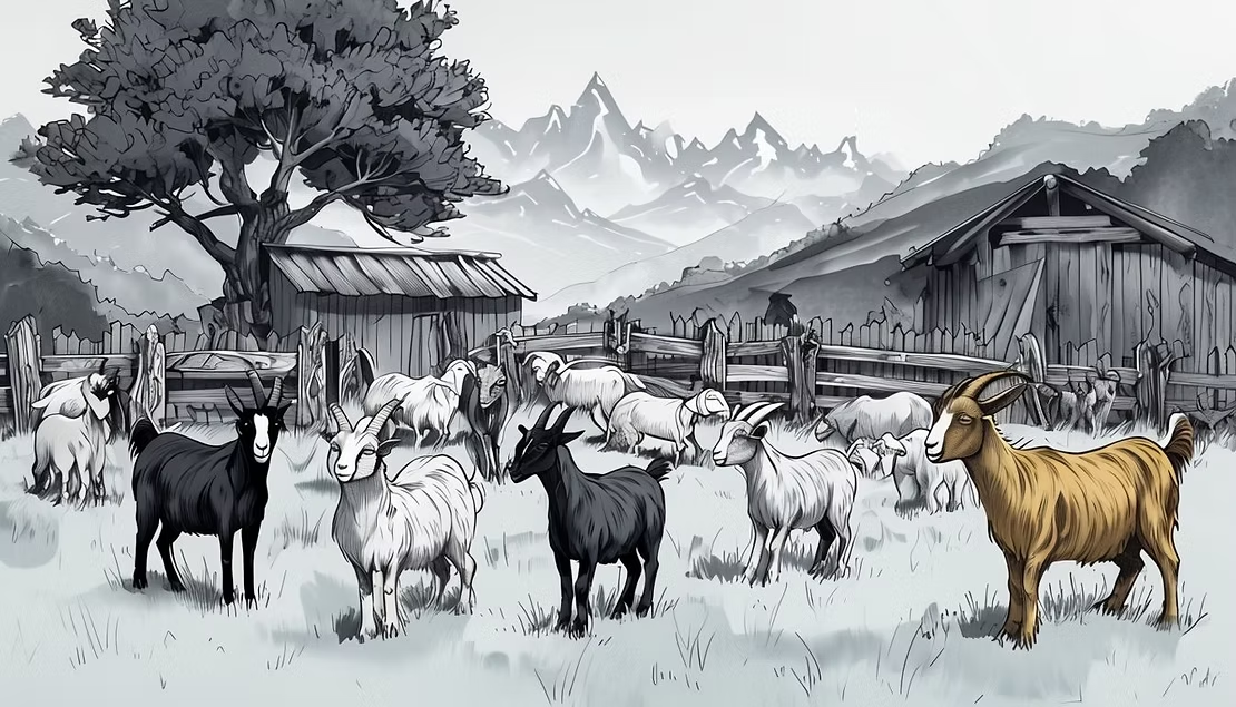 Illustration of a goat herd on a farm