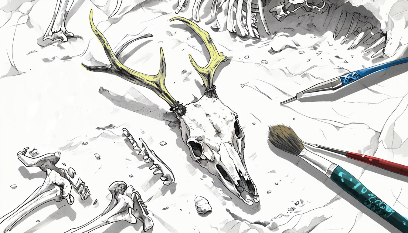 Deer skull and bones excavation illustration